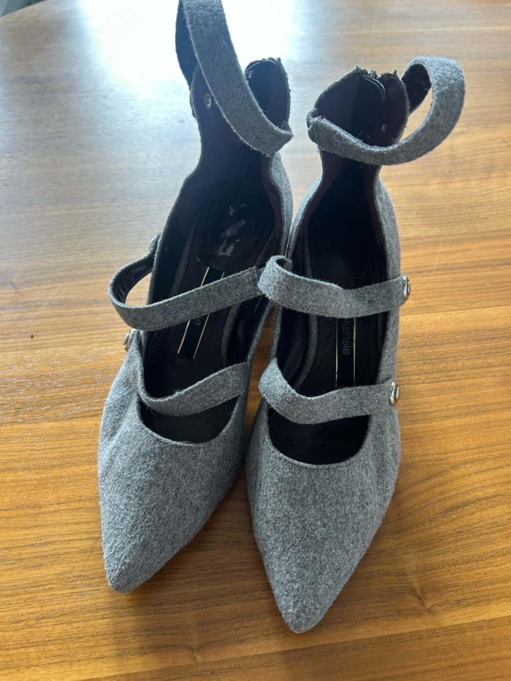Kensie Gray Felt Pointed-Toe Mary Jane Double-Strap Heels